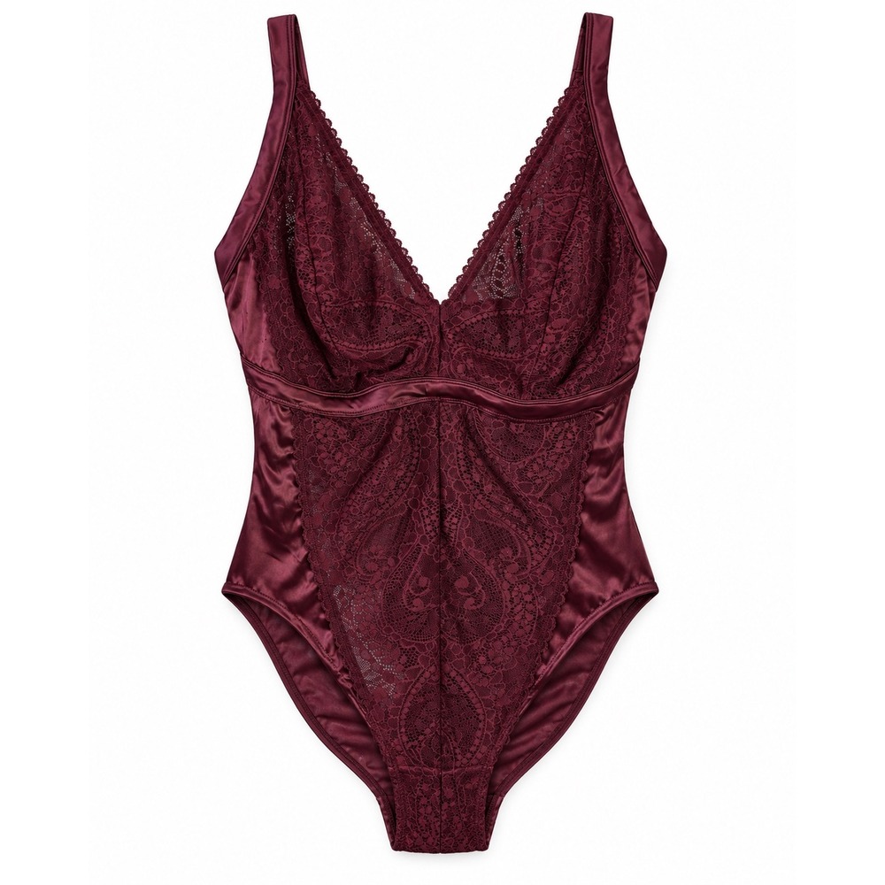 Aerie Women XXL Burgundy Lace Satin Bodysuit V-Neck Intimates 2692-3532 Wine
